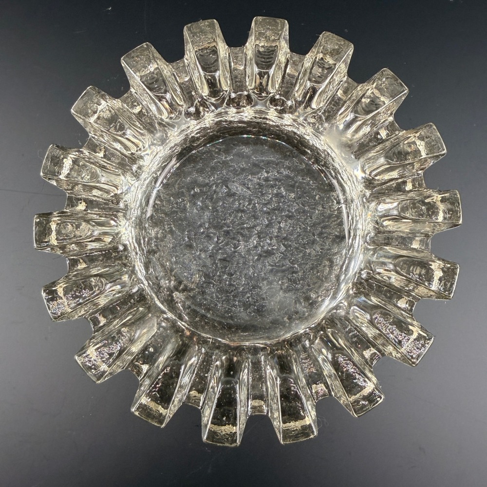 Vintage Pukeberg Sweden Ice Glass Gear Ashtray Uno Westerberg MCM Crystal 6"